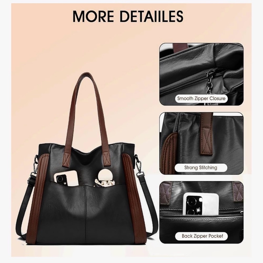 NEW Yaldomt Black/Brown Leather Bag Multi Pocket Zipper Closure - Picture 8 of 8